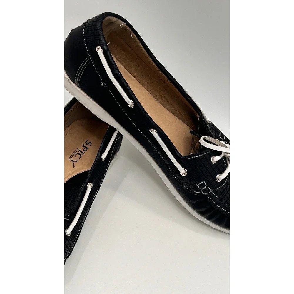 Spicy Comfort Womens Black Woven‎ Boat Shoes Lace Up Moccasin Flats Loafers 11